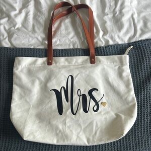 “Mrs.” White Canvas Tote Bag with Brown faux leather Handles